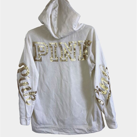 VICTORIA'S SECRET sz XS PINK Gold Sequin Hoodie Pullover Beige Neutral Hood - Picture 1 of 4